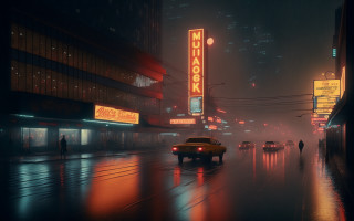 City street night rain neon - retrofuturism free wallpaper