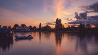 Boat sunset cityscape plane mountain - overhead free wallpaper
