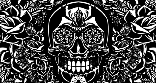 Skull flowers black white image - a silk screen free wallpaper