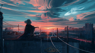 Woman sunset cityscape cyberpunk starry - a sunset over a city free wallpaper