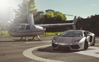 Silver sportscar helicopter runway photorealistic - a helicopter free wallpaper