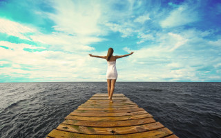 Woman pier outstretched sea sky - sea free wallpaper