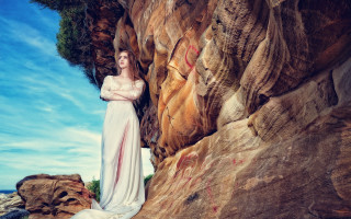 Woman white dress rock ocean - near free wallpaper for desktop