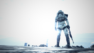 Man white suit rock water - dramatic cinematic lighting free wallpaper