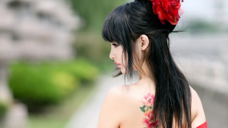 Woman flower hair tattoo bokeh - a red flower free wallpaper