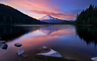 Mountain lake rocks forest sunset - the distance free wallpaper for desktop