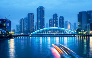 Boat city night bridge lights - david park free wallpaper