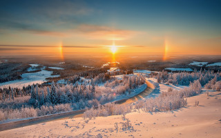 Sunset snowy landscape river trees - the middle free wallpaper