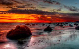 Sunset beach rocks clouds mountain 2 - mystical color free wallpaper