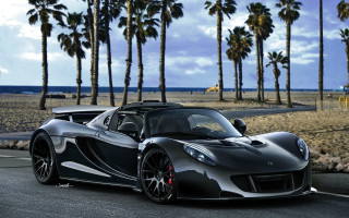 Black sports car palm trees - matte finish free wallpaper for desktop
