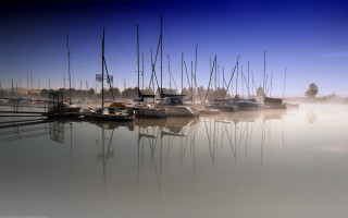 Boats harbor foggy day blue 2 - a group of boats free wallpaper