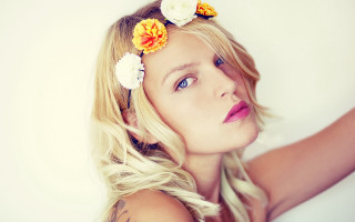 Woman flowers tattoo portrait blonde - her arm and shoulder free wallpaper