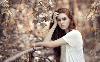 Red haired woman forest portrait 3 - brigette barrager free wallpaper