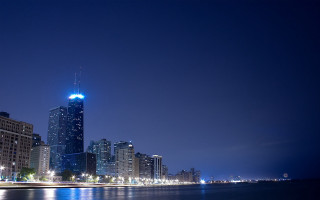 City skyline night water tower - a blue light free wallpaper