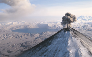 Volcano smoke mountain lake sky - aerial free wallpaper