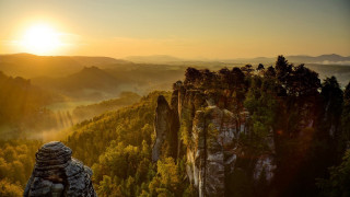 Sunset mountain forest cliff valley - a matte painting free wallpaper