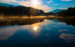 Lake sun reflection trees clouds - the water and trees free wallpaper