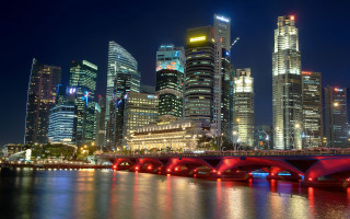 Red bridge city skyline night - adrian zingg free wallpaper