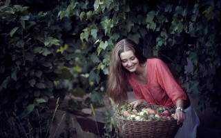 Smiling woman basket apples leaves - anka zhuravleva free wallpaper