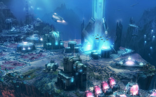 Futuristic city building lights underwater - a futuristic looking building free wallpaper