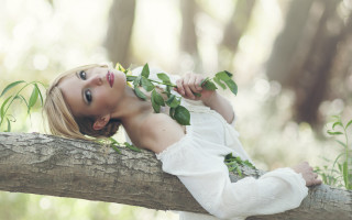 Young girl tree branch posing - a green plant free wallpaper