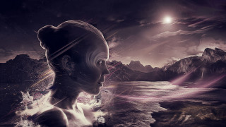 Woman mountains moon psychedelic city - psychedelic art free wallpaper