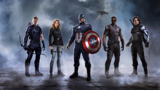 Avengers group stand front smoke - behind them free wallpaper