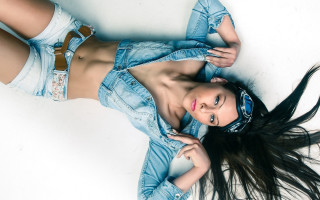 Woman jean jacket shorts laying - her eye free wallpaper for desktop