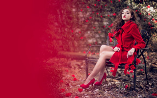 Woman red dress park roses - a bench in a park free wallpaper
