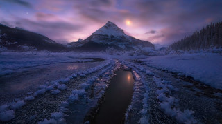 Mountain river cloudy night fullmoon - a full moon in the distance free wallpaper