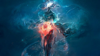Woman sword blue background red - epic fantasy character art free wallpaper