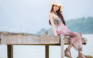 Woman dress hat dock water 2 - a woman in a dress and hat free wallpaper