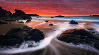 Sunset beach rocks water mountains - rock and water free wallpaper