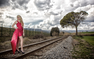 Woman red dress traintrack tree - in the foreground free wallpaper