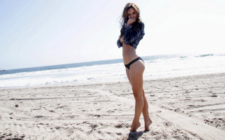 Woman beach bikini smiling phone - a poster free wallpaper