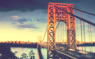 Bridge train city mountains sunset - a bridge free wallpaper