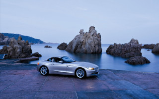 Silver car stone road water 2 - a silver car free wallpaper