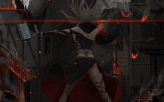 Woman red dress sword flames - a dark alley free wallpaper