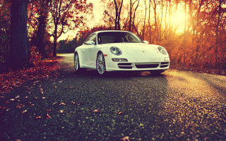 White car woods sunset autumn - the side of a road free wallpaper