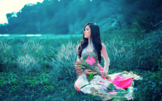 Woman dress field flower flowers - a photorealistic painting free wallpaper for desktop