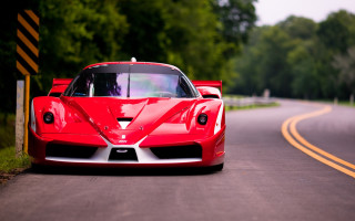 Red sports car forest yellow - a road next free wallpaper