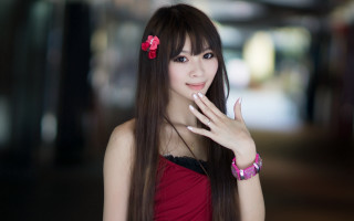 Woman long hair flower portrait 2 - long hair and a flower free wallpaper