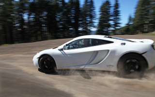 White sports car dirt road - tree and a forest in the background free wallpaper