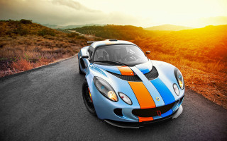 Blue orange sports car sunset - rich vivid color free wallpaper