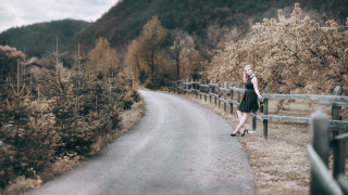 Woman road fence trees mountain - a fence free wallpaper