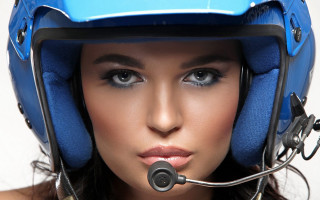 Woman blue helmet microphone headset - a woman free wallpaper