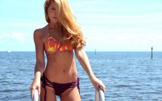 Blonde woman surfboard pole beach - a surfboard free wallpaper