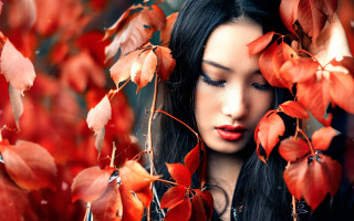 Woman blackhair redleaves closedeyes autumn - closed free wallpaper
