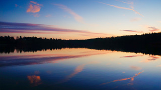Sunset lake trees clouds bridge - impressionist free wallpaper