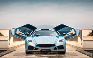 Blue sports car open doors - cloudy free wallpaper